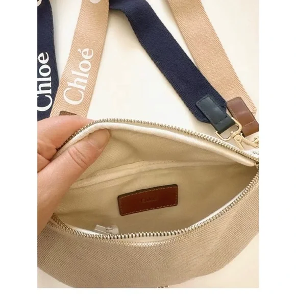 Chloe Girl's Canvas Bum / Fanny Bag Body Bag Canvas Beige and Tan, Navy Strap - Picture 3 of 6